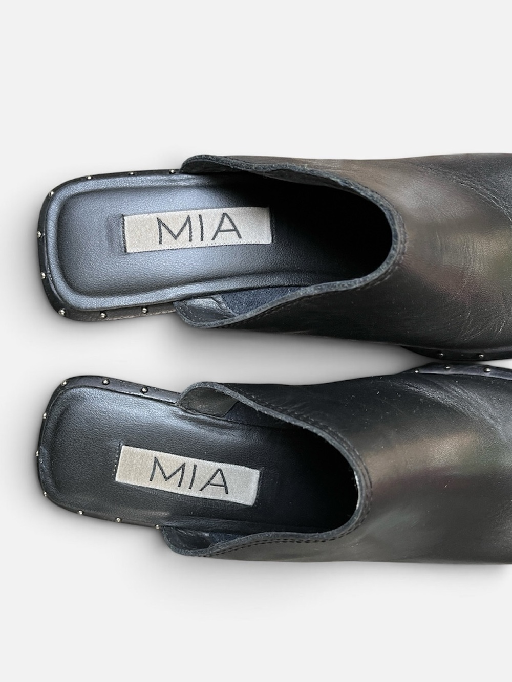 VINTAGE MIA Black Leather Square Toe Studded Wedge Clog/Mule - Size 8 - Picture 5 of 10